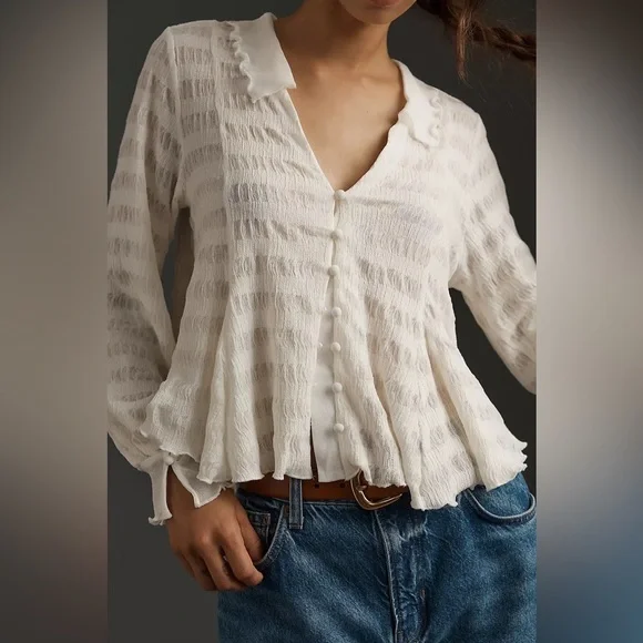 NWOT Anthropologie Long-Sleeve Button-Front Textured Blouse - Picture 4 of 12